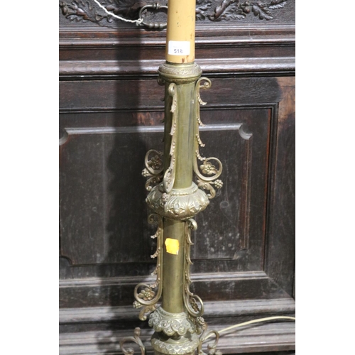 518 - Antique French elaborate pierced brass tri form picket, converted to lamp, approx 116cm H