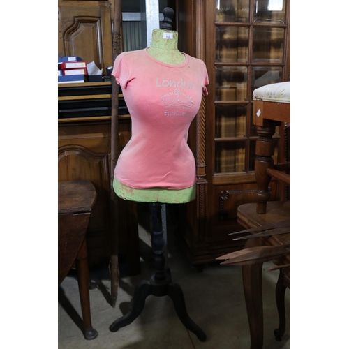 523 - Antique French mannequin with turned ebonized base, fitted with a pink t shirt, approx 150cm H