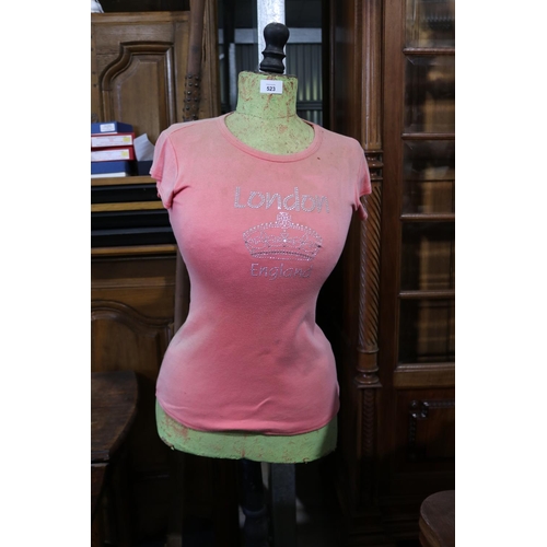 523 - Antique French mannequin with turned ebonized base, fitted with a pink t shirt, approx 150cm H