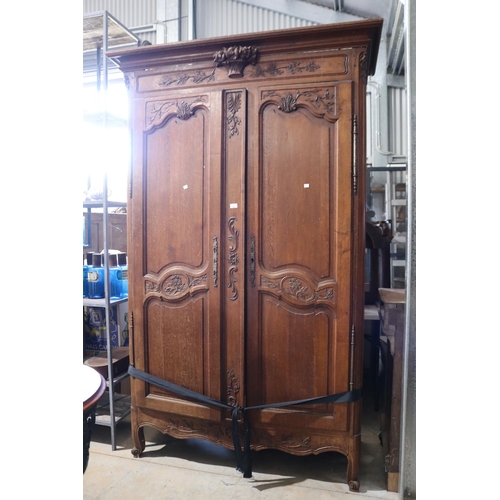 527 - Antique French carved oak two door armoire, approx 230cm H x 146cm W x 61cm D