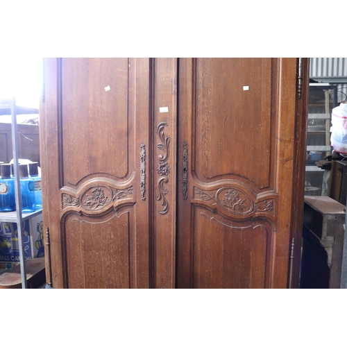 527 - Antique French carved oak two door armoire, approx 230cm H x 146cm W x 61cm D