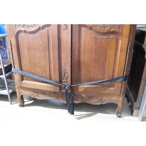 527 - Antique French carved oak two door armoire, approx 230cm H x 146cm W x 61cm D