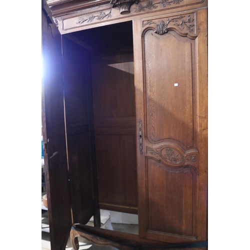 527 - Antique French carved oak two door armoire, approx 230cm H x 146cm W x 61cm D