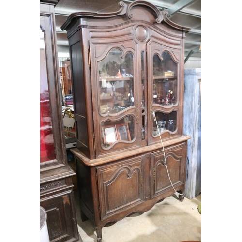 529 - Antique French oak two height buffet bookcase / display cabinet, approx 244cm H x 140cm W x 52cm D