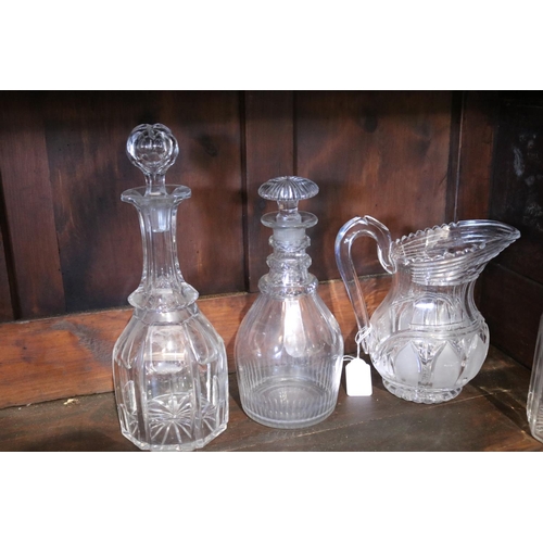 542 - Selection of antique glass items, to include a Regency cut glass jug, Georgian decanter and others, ... 