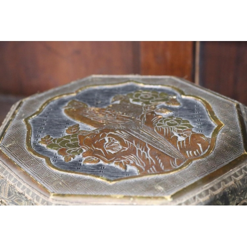 543 - Antique Asian export octagonal sewing box, with brass ball feet, approx 9.5cm H x 22cm W