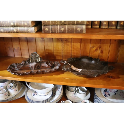 547 - Two carved wood items, ink stand of scroll and shell design with ink pot, along with a oak leaf shap... 