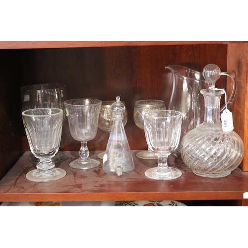 381 - Various- antique French wine glasses, water jug and other items, approx 24cm H and shorter