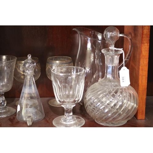 381 - Various- antique French wine glasses, water jug and other items, approx 24cm H and shorter