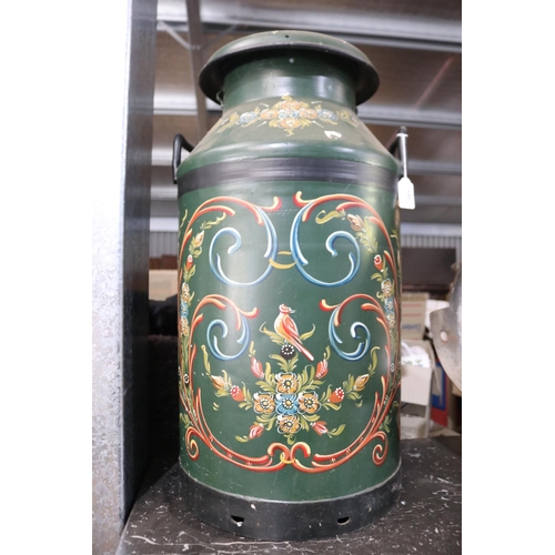 383 - Folk art painted Gundycan milk can, with lid, approx 66 cm high