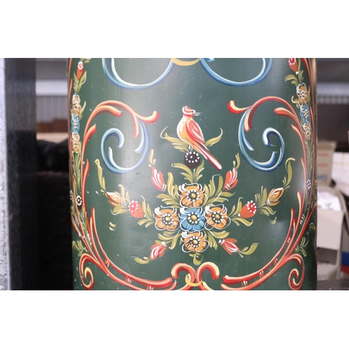 383 - Folk art painted Gundycan milk can, with lid, approx 66 cm high
