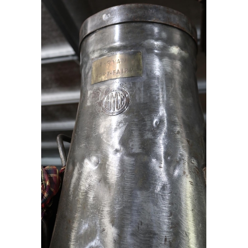 384 - T Ryan of Port Fairy- Joyce banded steel tapering form lidded milk can, carry handles to the sides, ... 