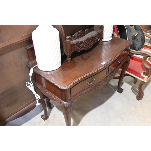 396 - Vintage Chippendale cedar revival two drawer servery table, with carved back board, approx 91cm H x ... 
