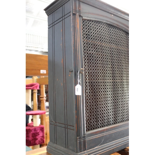 444 - Single door dark grey painted cabinet, arched pierced metal door, approx 75cm H x 57cm W x 25cm D