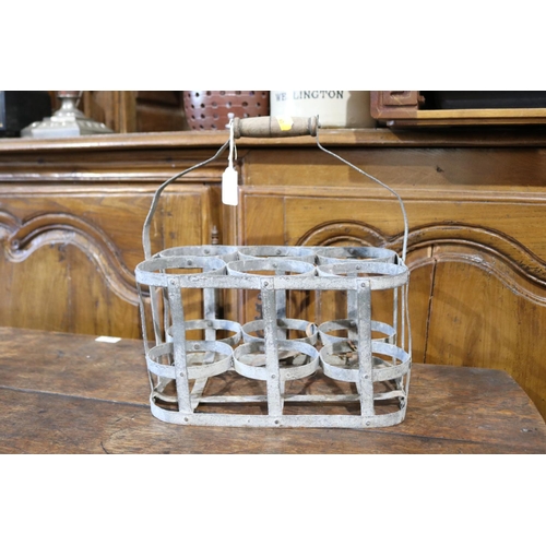 464 - Antique French gal metal bottle carry basket, approx 35cm H including handle x 33cm W x 22cm D