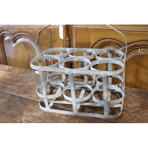 464 - Antique French gal metal bottle carry basket, approx 35cm H including handle x 33cm W x 22cm D