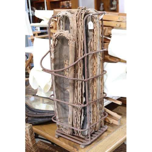 474 - Antique French iron baguette basket holder and baskets, approx 87cm H x 30cm W x 43cm D.