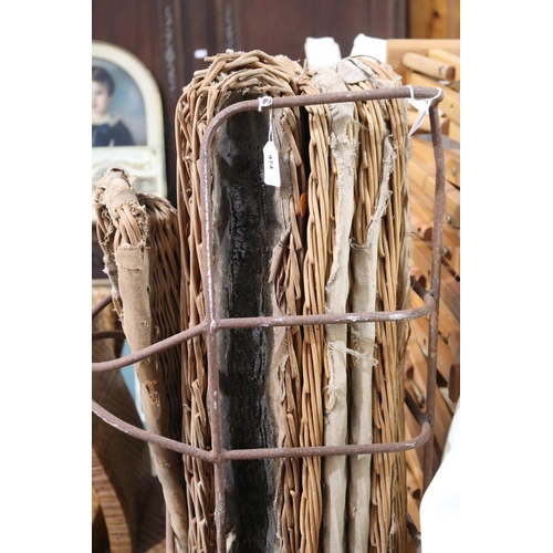 474 - Antique French iron baguette basket holder and baskets, approx 87cm H x 30cm W x 43cm D.