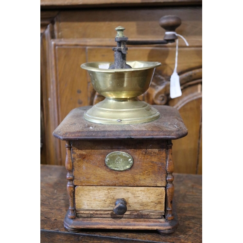 506 - Antique French wood & brass iron coffee grinder, approx 30cm H