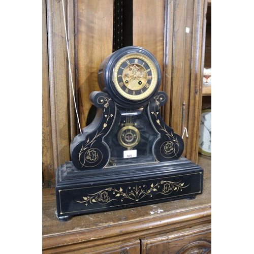 509 - Antique imposing black slate mantle clock, with exposed escapement, has key and pendulum, untested, ... 