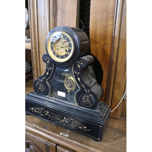 509 - Antique imposing black slate mantle clock, with exposed escapement, has key and pendulum, untested, ... 