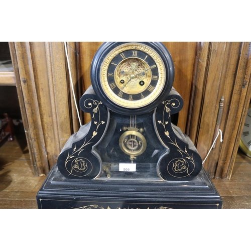 509 - Antique imposing black slate mantle clock, with exposed escapement, has key and pendulum, untested, ... 