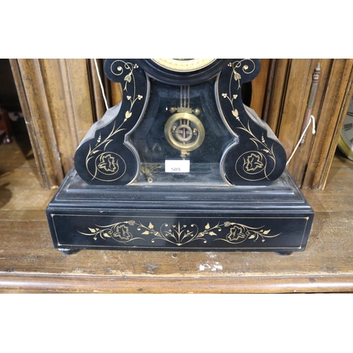 509 - Antique imposing black slate mantle clock, with exposed escapement, has key and pendulum, untested, ... 