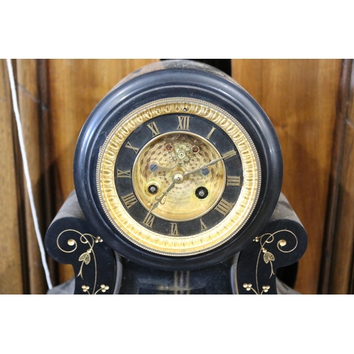 509 - Antique imposing black slate mantle clock, with exposed escapement, has key and pendulum, untested, ... 