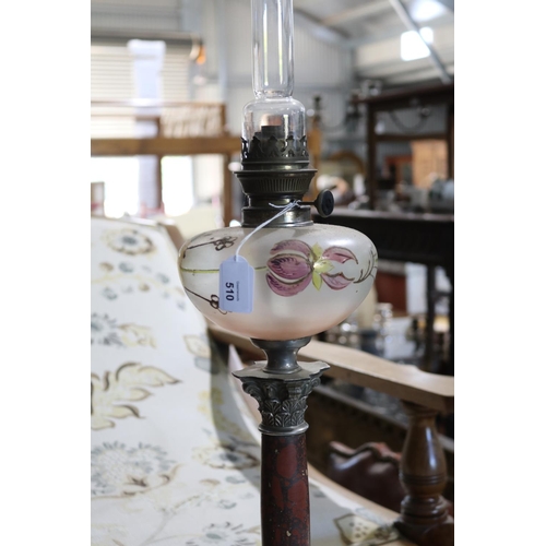 510 - Antique French painted reservoir column oil lamp, approx 73cm H