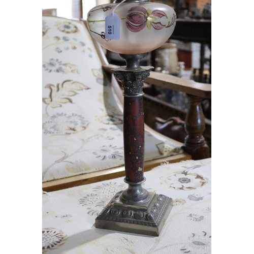 510 - Antique French painted reservoir column oil lamp, approx 73cm H