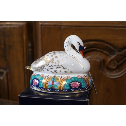 532 - Royal Crown Derby china Swan paper weight with box, approx 10cm H x 13cm W