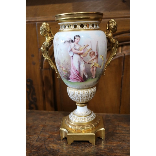 548 - Fine antique French porcelain urn with female term handles, and stepped ormolu base, signed I Marcha... 