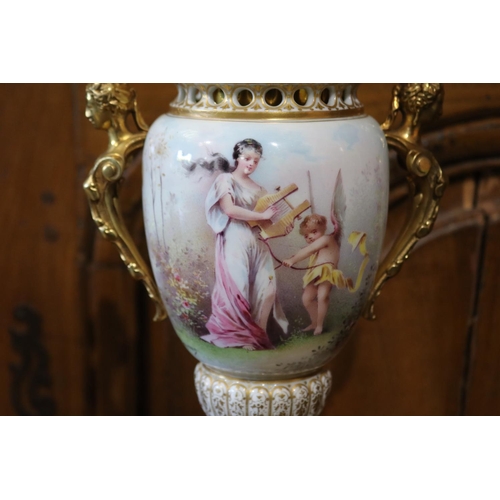 548 - Fine antique French porcelain urn with female term handles, and stepped ormolu base, signed I Marcha... 