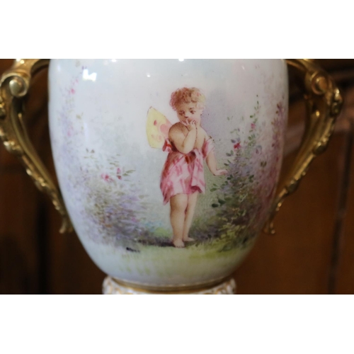 548 - Fine antique French porcelain urn with female term handles, and stepped ormolu base, signed I Marcha... 