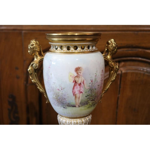 548 - Fine antique French porcelain urn with female term handles, and stepped ormolu base, signed I Marcha... 