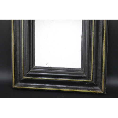 3 - Antique 17th century stepped ebonized framed mirror, iron forged hanging loop to back, Ex David Jone... 