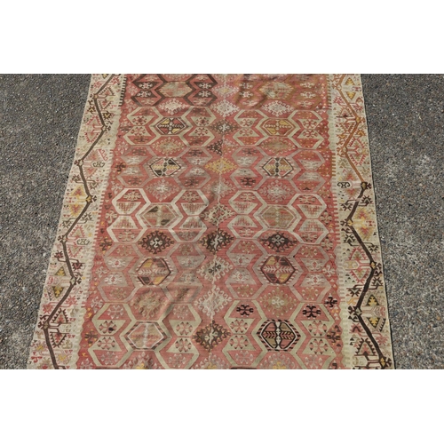 88 - Kilim wool carpet, showing wear and age, approx 460L x 187 W