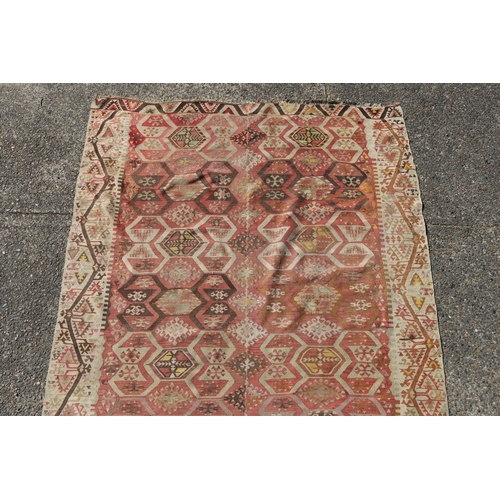 88 - Kilim wool carpet, showing wear and age, approx 460L x 187 W