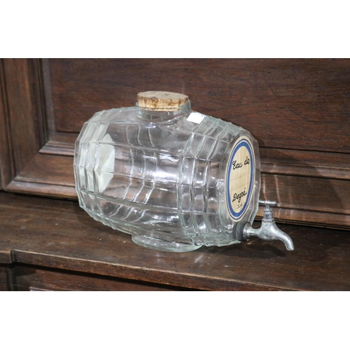 431 - Antique French glass barrel shape dispenser, with nickle plated tap, approx 24cm H x 35cm L includin... 
