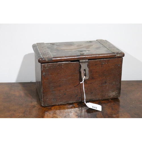 432 - Antique rustic small box, with iron hinges, approx 14cm H x 24cm W x 16cm D