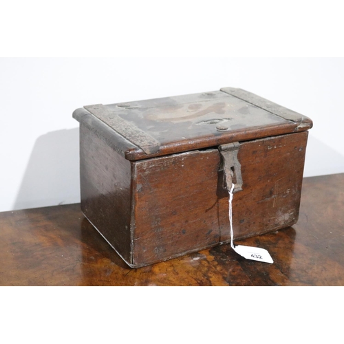 432 - Antique rustic small box, with iron hinges, approx 14cm H x 24cm W x 16cm D