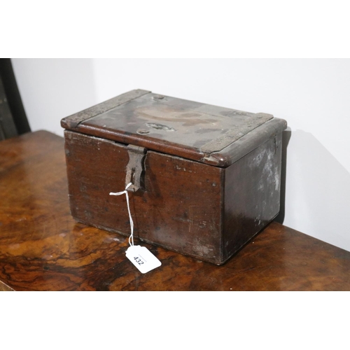 432 - Antique rustic small box, with iron hinges, approx 14cm H x 24cm W x 16cm D