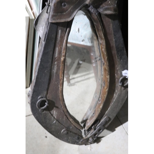 470 - Antique English Clydesdale collar converted to wall mirror, approx 93cm H x 50cm W