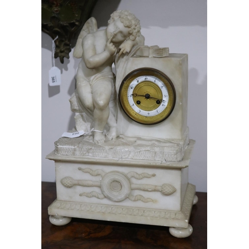 504 - Antique carved alabaster figural mantle clock, silk suspension movement, key and pendulum, approx 41... 