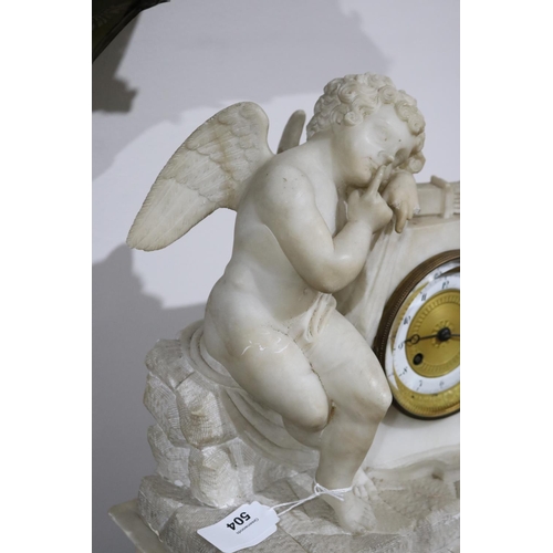 504 - Antique carved alabaster figural mantle clock, silk suspension movement, key and pendulum, approx 41... 