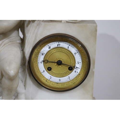 504 - Antique carved alabaster figural mantle clock, silk suspension movement, key and pendulum, approx 41... 