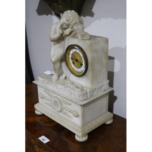 504 - Antique carved alabaster figural mantle clock, silk suspension movement, key and pendulum, approx 41... 