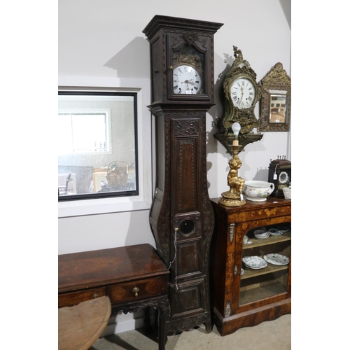 561 - Antique French carved oak comtoise longcase clock, untested, approx 234cm H x 46cm W