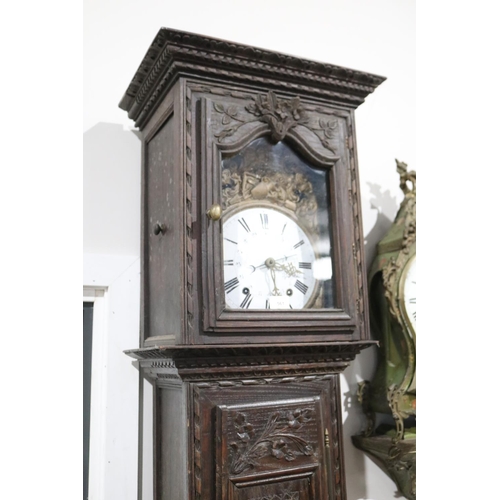 561 - Antique French carved oak comtoise longcase clock, untested, approx 234cm H x 46cm W