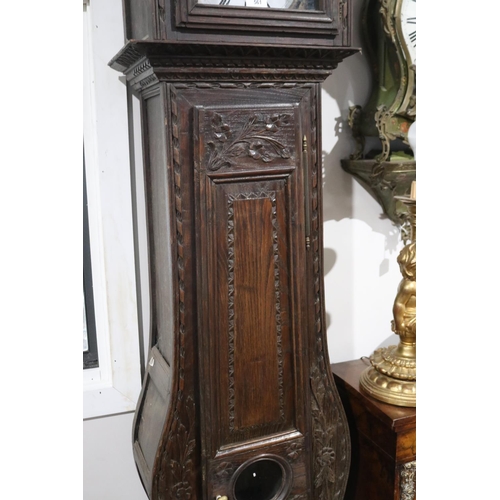 561 - Antique French carved oak comtoise longcase clock, untested, approx 234cm H x 46cm W